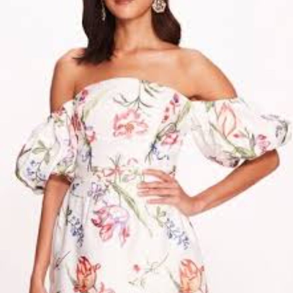 Marchesa Notte embroidered ivory floral puff sleeve Alex off shoulder dress 0